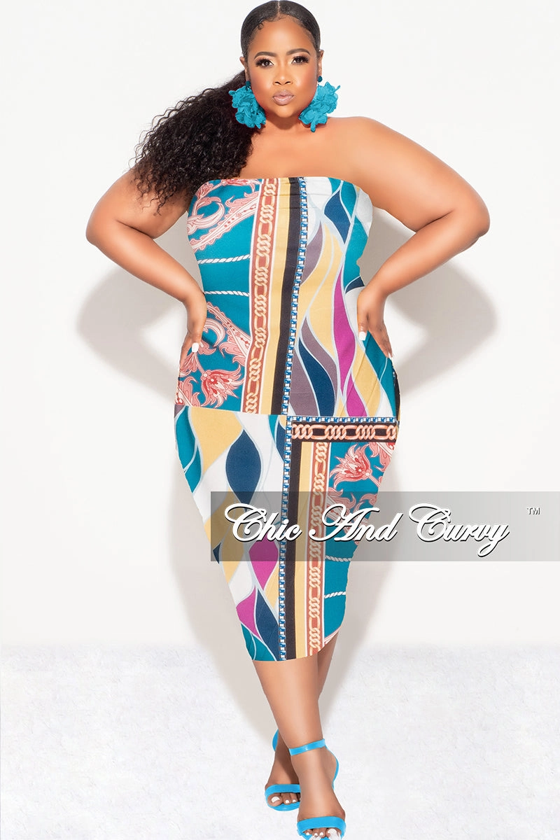elastic waistband Final Sale Plus Size Strapless Tube BodyCon Dress in Multi Color Design Print