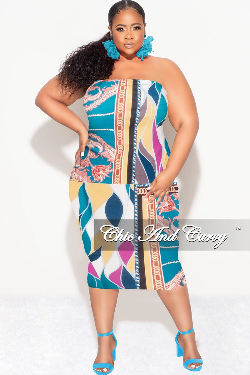 Final Sale Plus Size Strapless Tube BodyCon Dress in Multi Color Design Print WindResistantMaterial