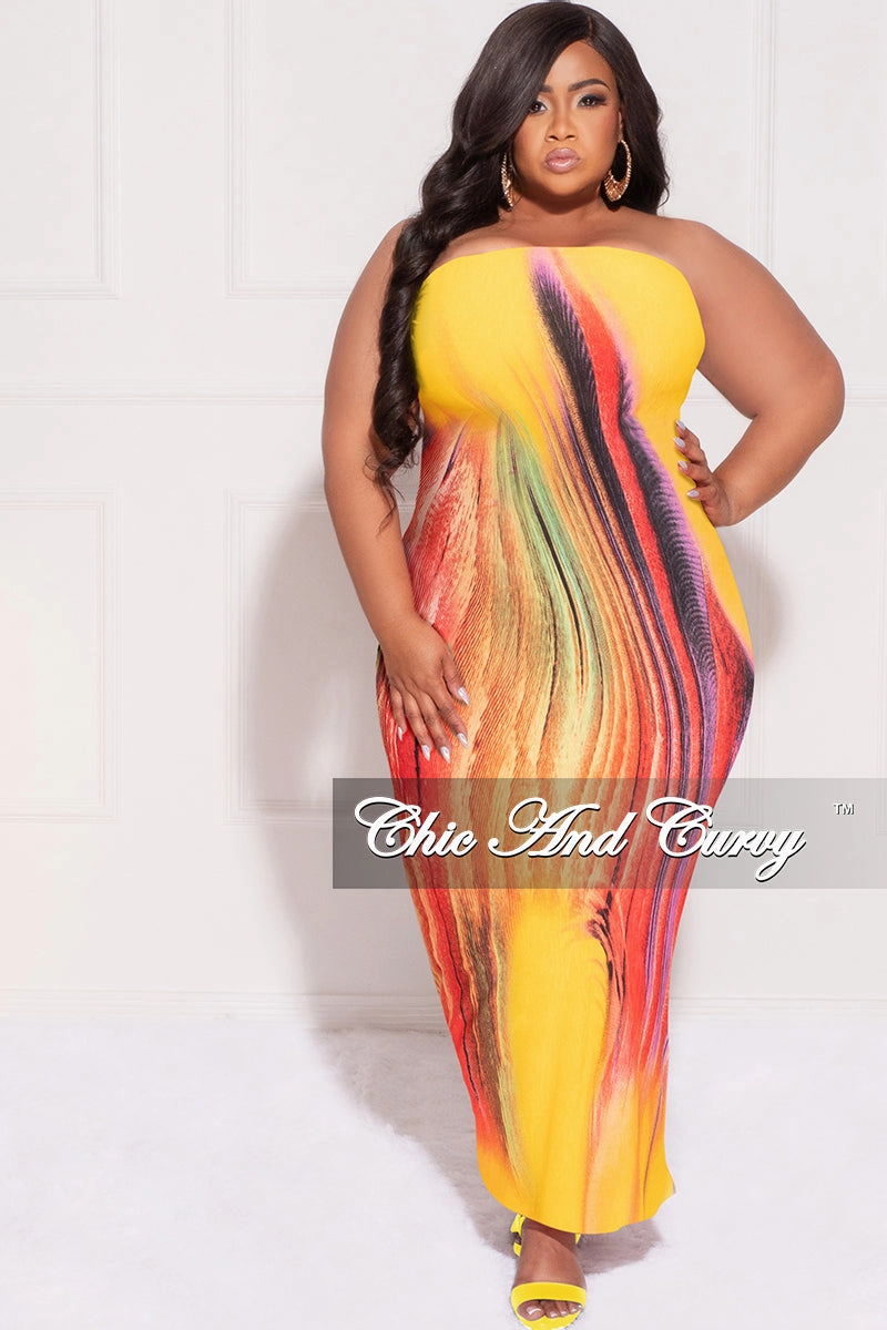 High Mobility Final Sale Plus Size Strapless Tube BodyCon Dress in Yellow Mustard Multi-Color Mustard Print