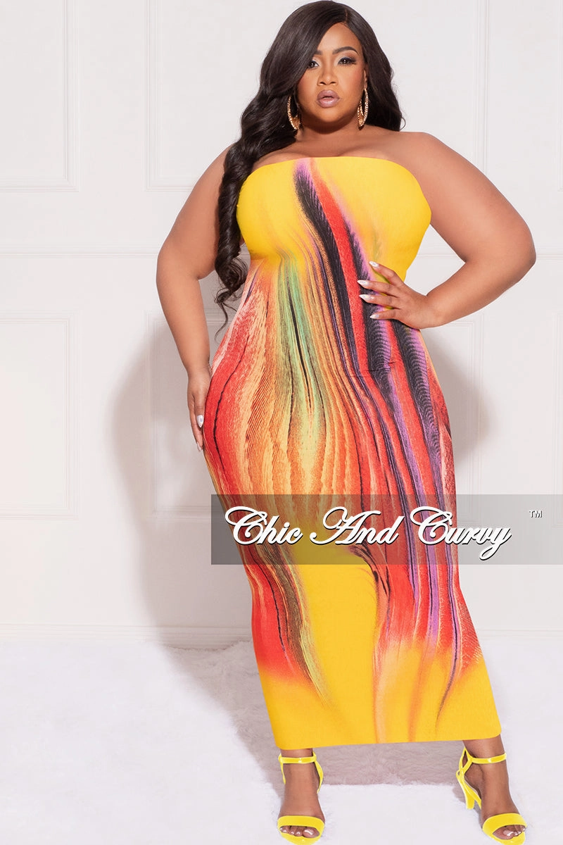 Final Sale Plus Size Strapless Tube BodyCon Dress in Yellow Mustard Multi-Color Mustard Print Tough Build Cozy Lining