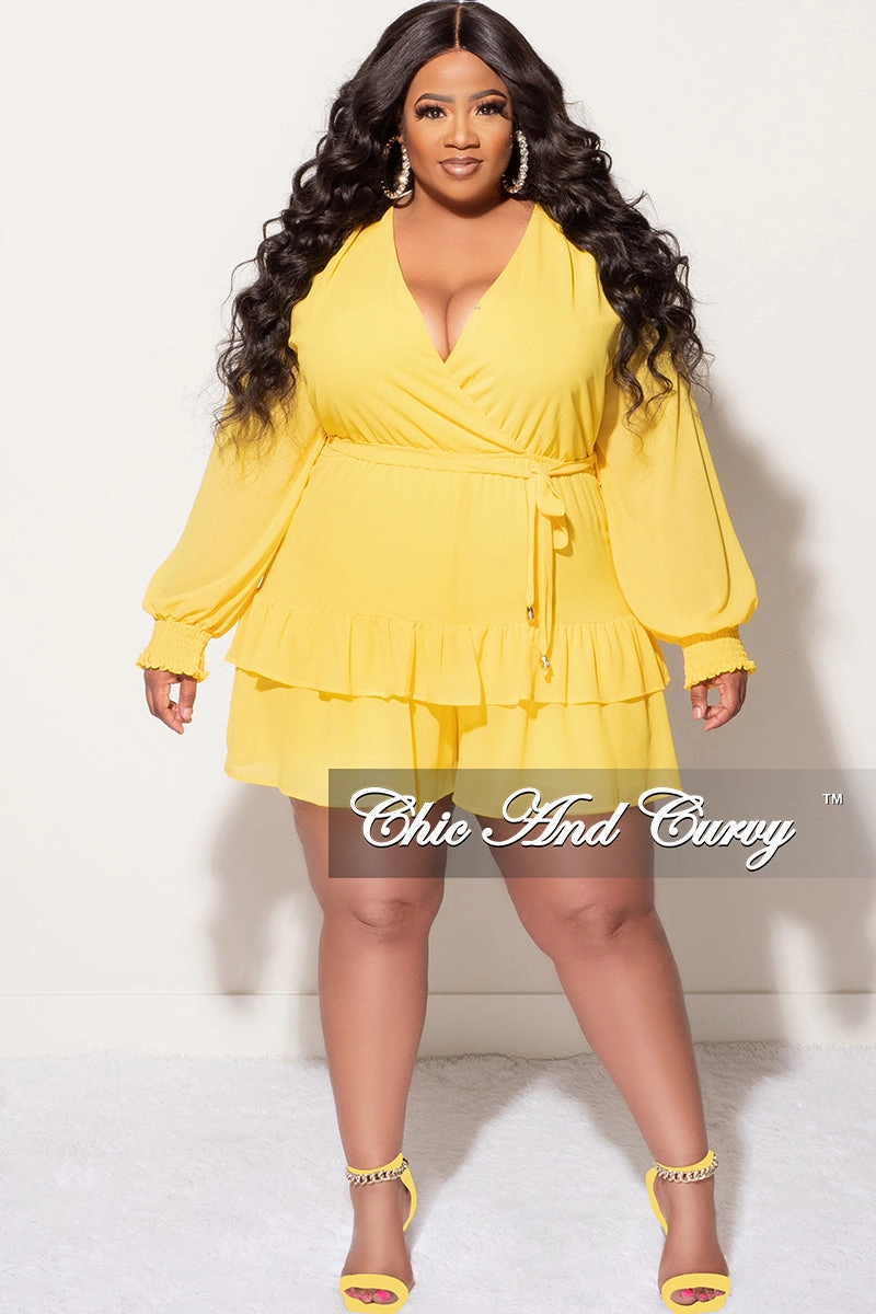 Final Sale Plus Size Surplice Neck Romper in Yellow Day-to-Day Wear All-day Flex