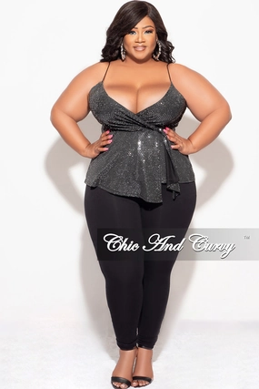 Quick Dry Fabric Sleek Comfort Final Sale Plus Size Surplice wrap V-Neck Sparkly Top with Spaghetti Strap in Silver and Black