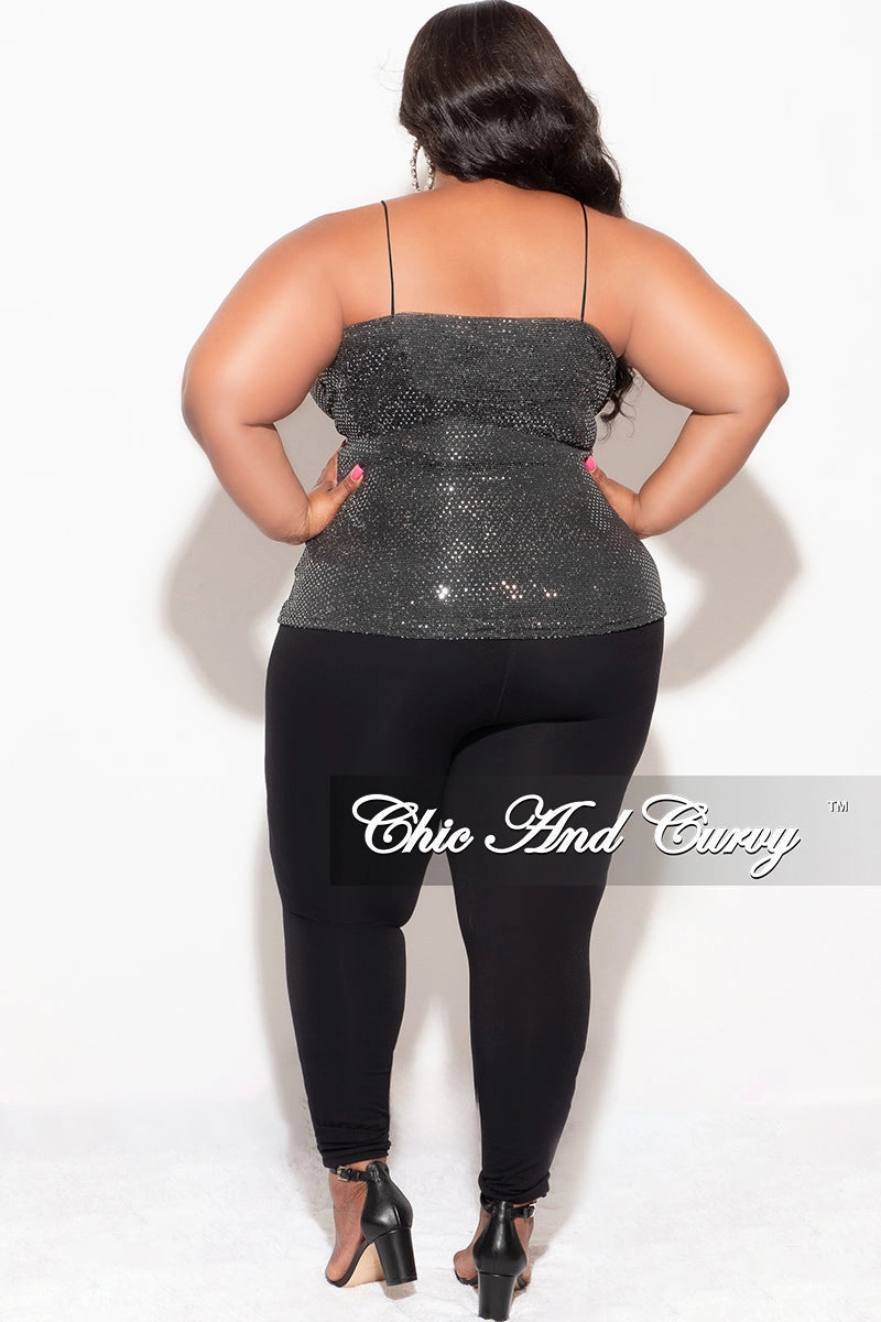 Relaxed Comfort Wear Final Sale Plus Size Surplice wrap V-Neck Sparkly Top with Spaghetti Strap in Silver and Black