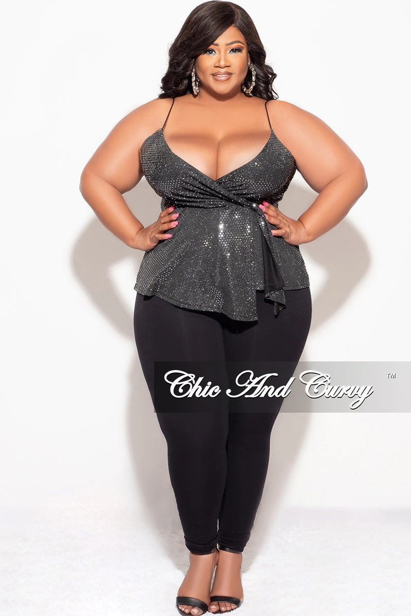 Quick Dry Fabric Sleek Comfort Final Sale Plus Size Surplice wrap V-Neck Sparkly Top with Spaghetti Strap in Silver and Black