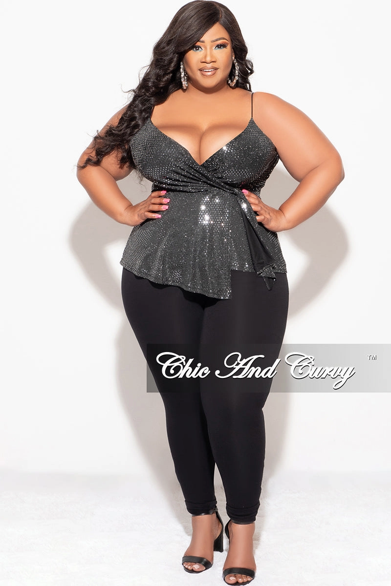 Gusseted Crotch Clean Cut Final Sale Plus Size Surplice wrap V-Neck Sparkly Top with Spaghetti Strap in Silver and Black
