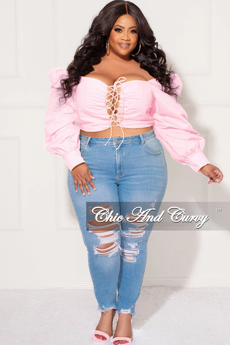 Water Resistant Finish Stretchable Fit Final Sale Plus Size Sweetheart Lace-Up Crop Top in Light Pink