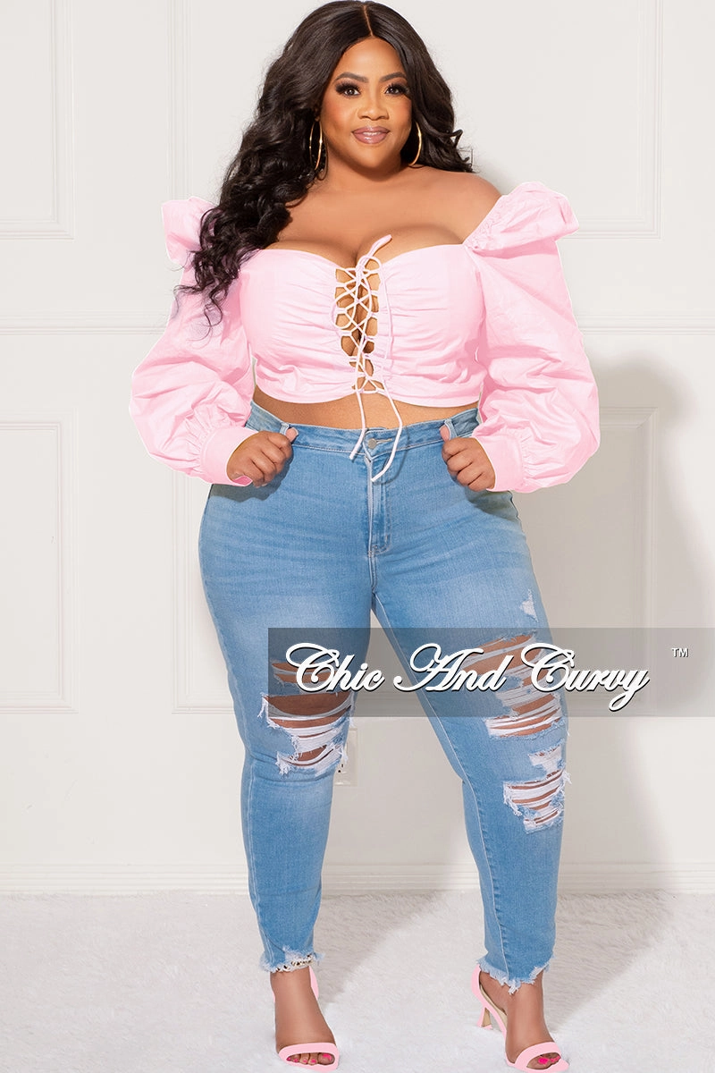 Blackout fabric Final Sale Plus Size Sweetheart Lace-Up Crop Top in Light Pink