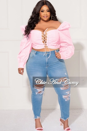 Final Sale Plus Size Sweetheart Lace-Up Crop Top in Light Pink Ripstop Reinforcement