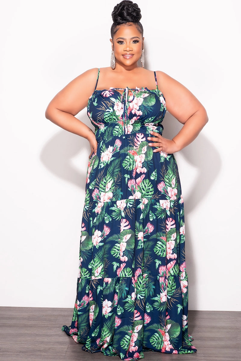 Final Sale Plus Size Tank Maxi Dress with Cutout back in Navy Floral Print Premium Quality Stretch Fit