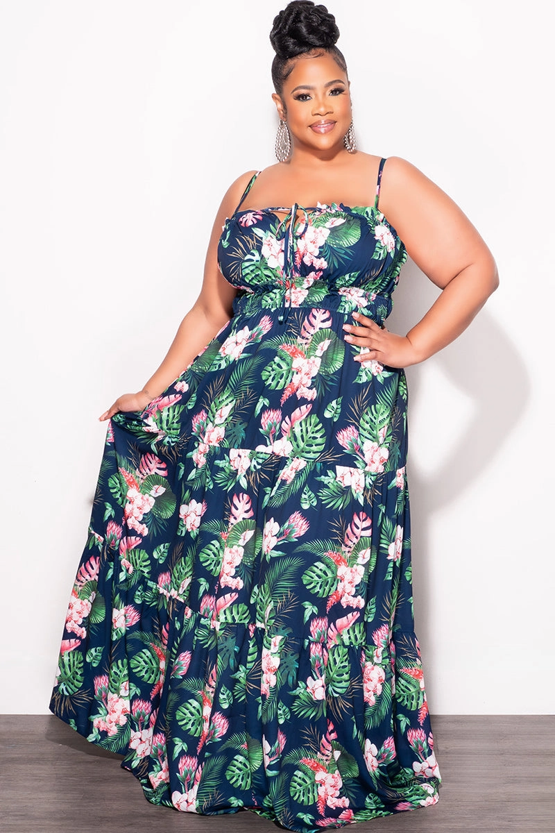 Final Sale Plus Size Tank Maxi Dress with Cutout back in Navy Floral Print Side zipper Flat waistband
