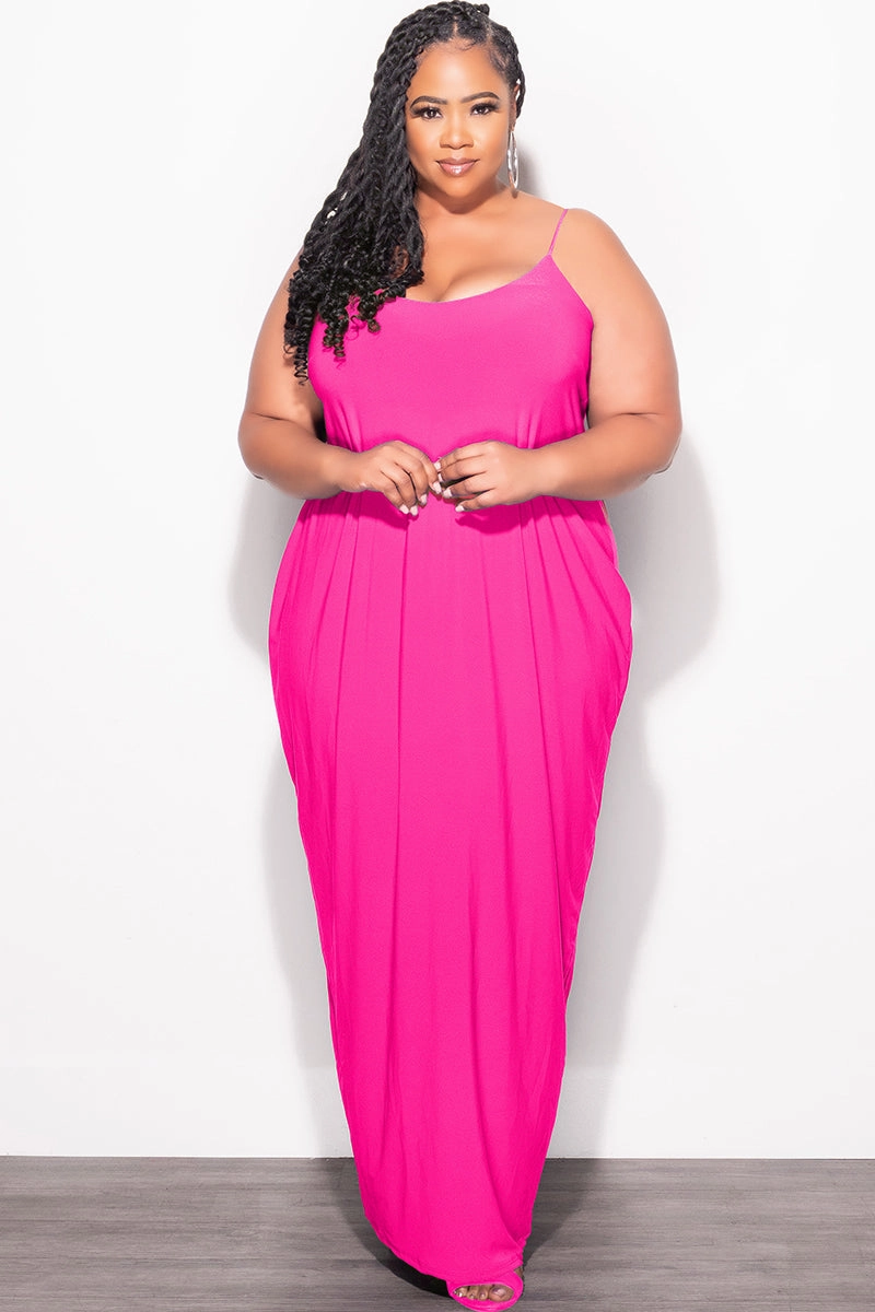 Comfy Style Final Sale Plus Size Tank Spaghetti Strap Maxi Dress in Fuchsia