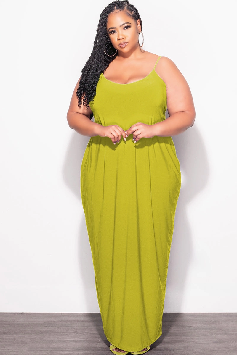 Final Sale Plus Size Tank Spaghetti Strap Maxi Dress in Lime / Puce wrinkle free