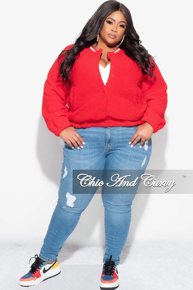 Final Sale Plus Size Teddy Bear Varsity Jacket in Red Comfy Flex Lightweight Fit