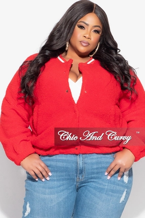 Final Sale Plus Size Teddy Bear Varsity Jacket in Red Outdoor Adventure Water-resistant
