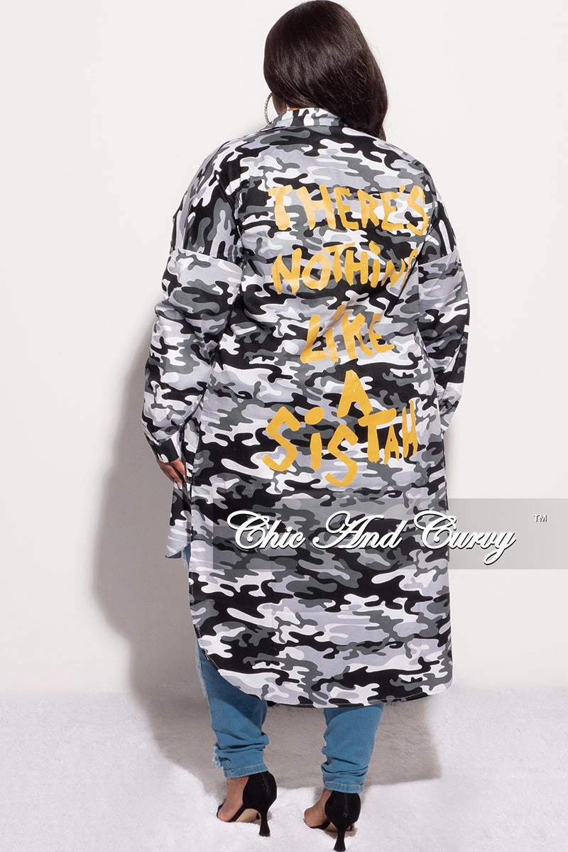 No Iron Comfortable Fabric Final Sale Plus Size There's Nothing Like A Sistah Shirt Dress in Black and White Camouflage Print