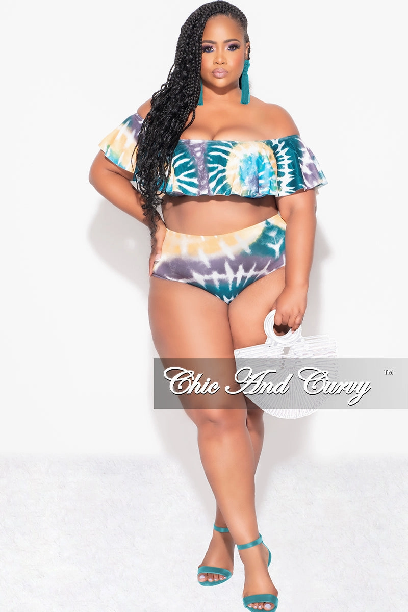 Final Sale Plus Size Tie Dye Ruffle Bikini Set in Teal / Mustard Tie Dye Print Mid Rise Work Ready