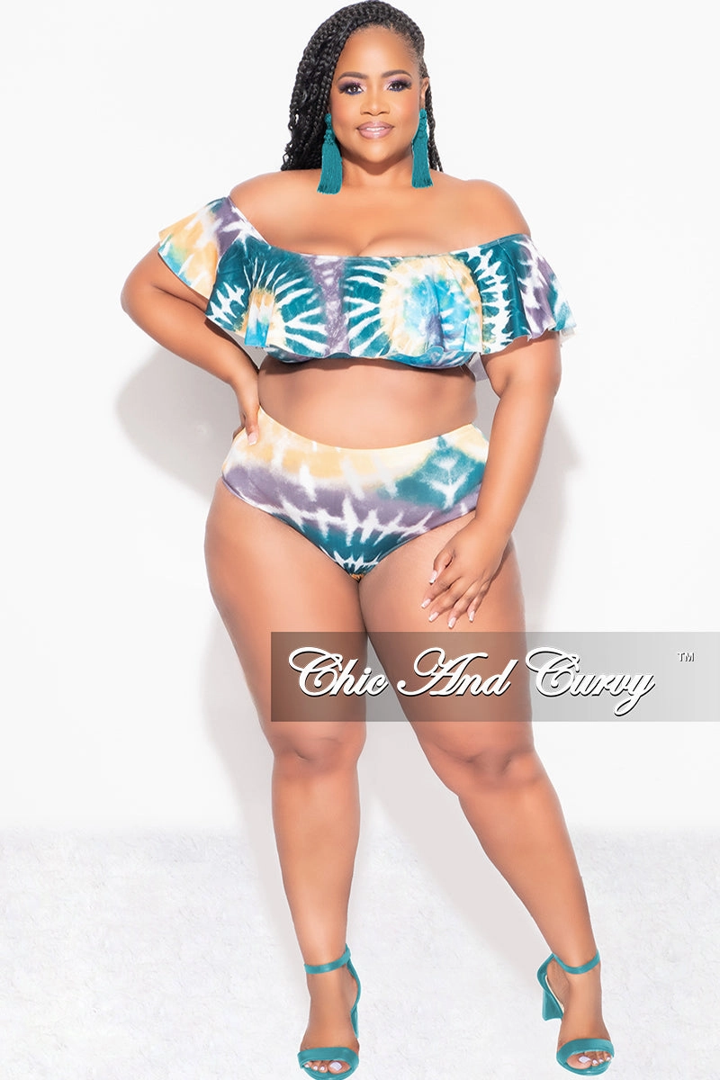 Low Profile Design Lightweight Flex Final Sale Plus Size Tie Dye Ruffle Bikini Set in Teal / Mustard Tie Dye Print