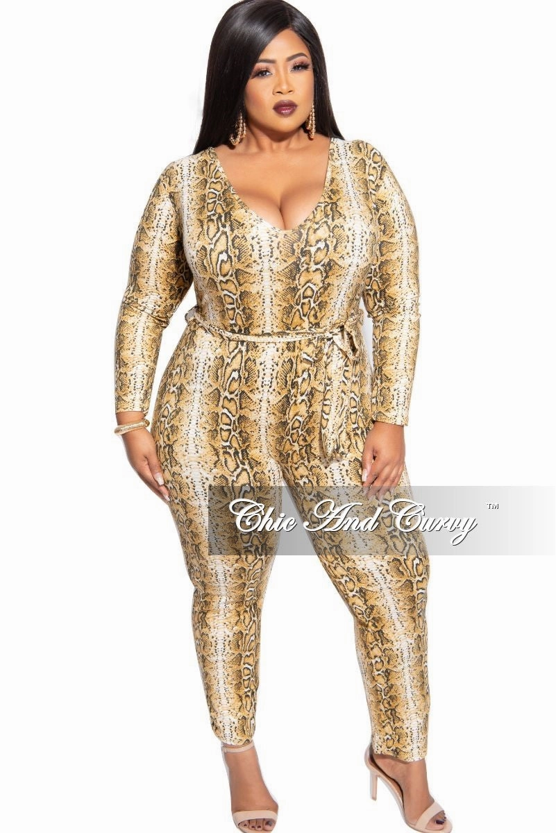 Final Sale Plus Size Tie Jumpsuit in Brown Snake Skin Print Chilly Day Comfort