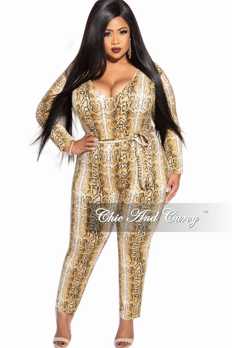 Comfort Wear Fit Snug Waist Final Sale Plus Size Tie Jumpsuit in Brown Snake Skin Print