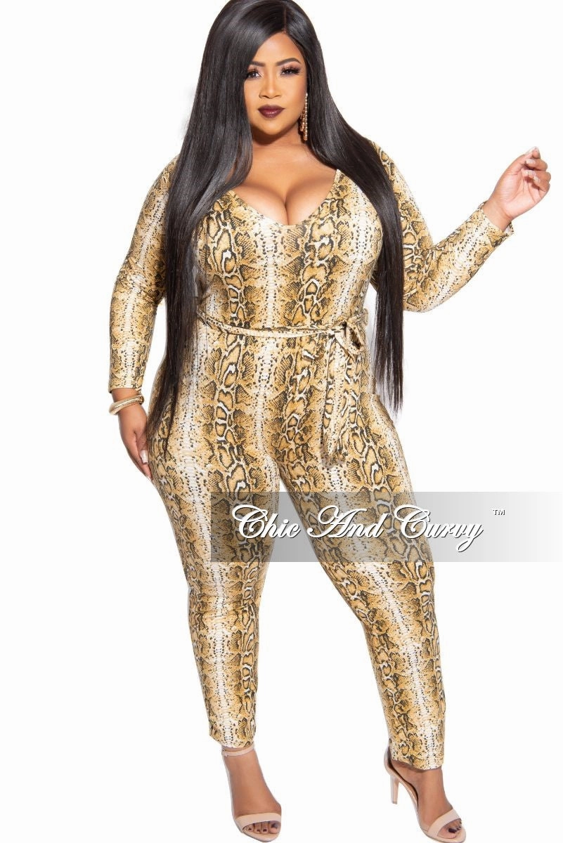 Lightweight Material Final Sale Plus Size Tie Jumpsuit in Brown Snake Skin Print