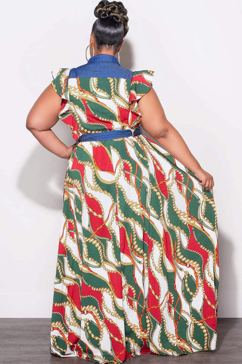 Quick Access Final Sale Plus Size Tie Maxi Dress in Wine & Green Chain Print Chambray Trim