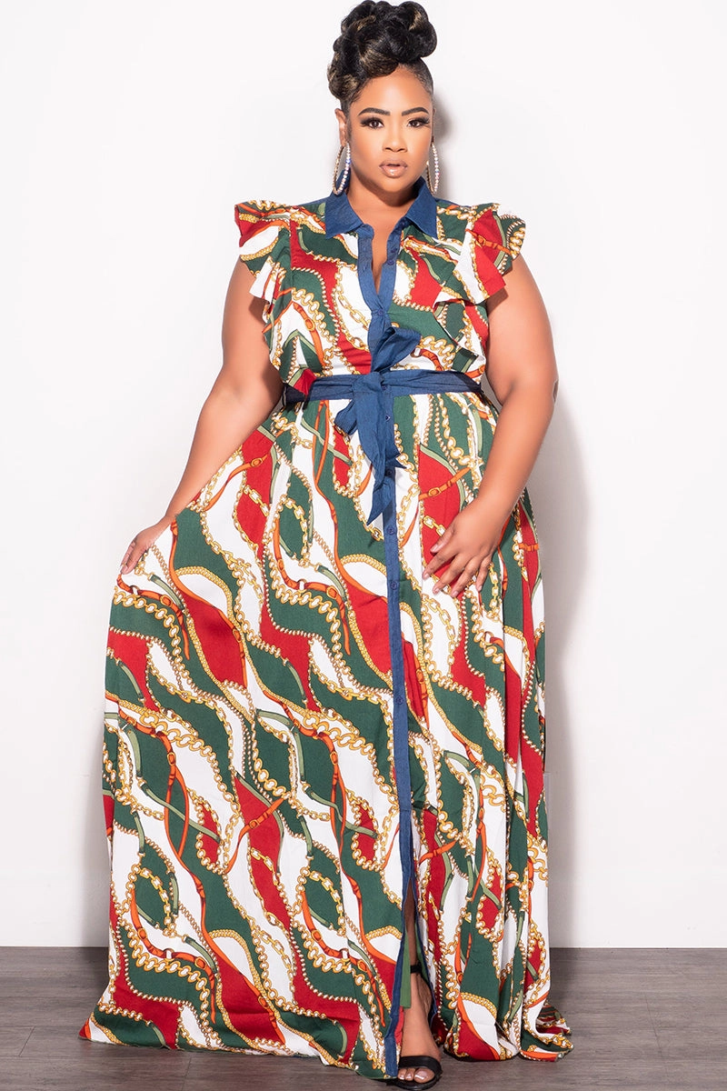 Roll-up style Hip Friendly Pockets Final Sale Plus Size Tie Maxi Dress in Wine & Green Chain Print Chambray Trim