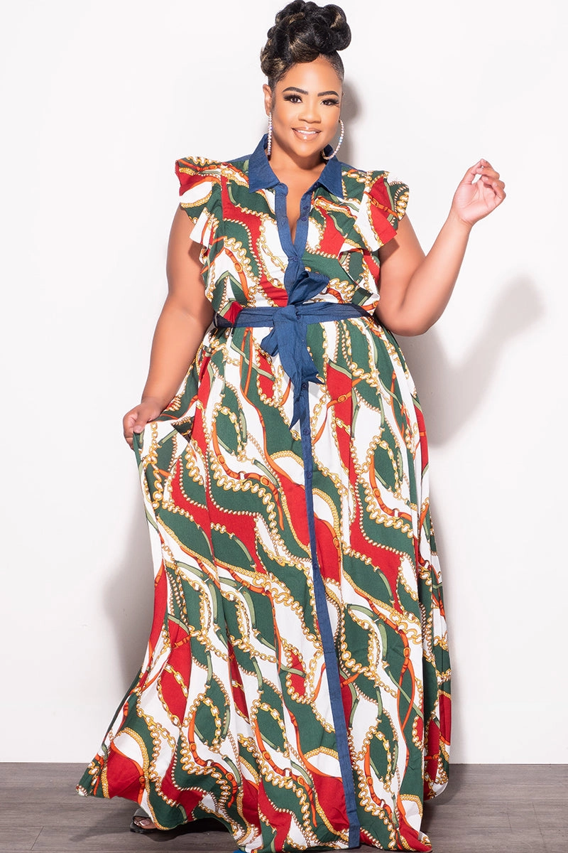 Cozy Touch Final Sale Plus Size Tie Maxi Dress in Wine & Green Chain Print Chambray Trim