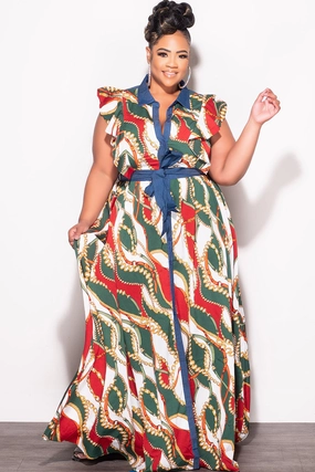 Cozy Touch Final Sale Plus Size Tie Maxi Dress in Wine & Green Chain Print Chambray Trim