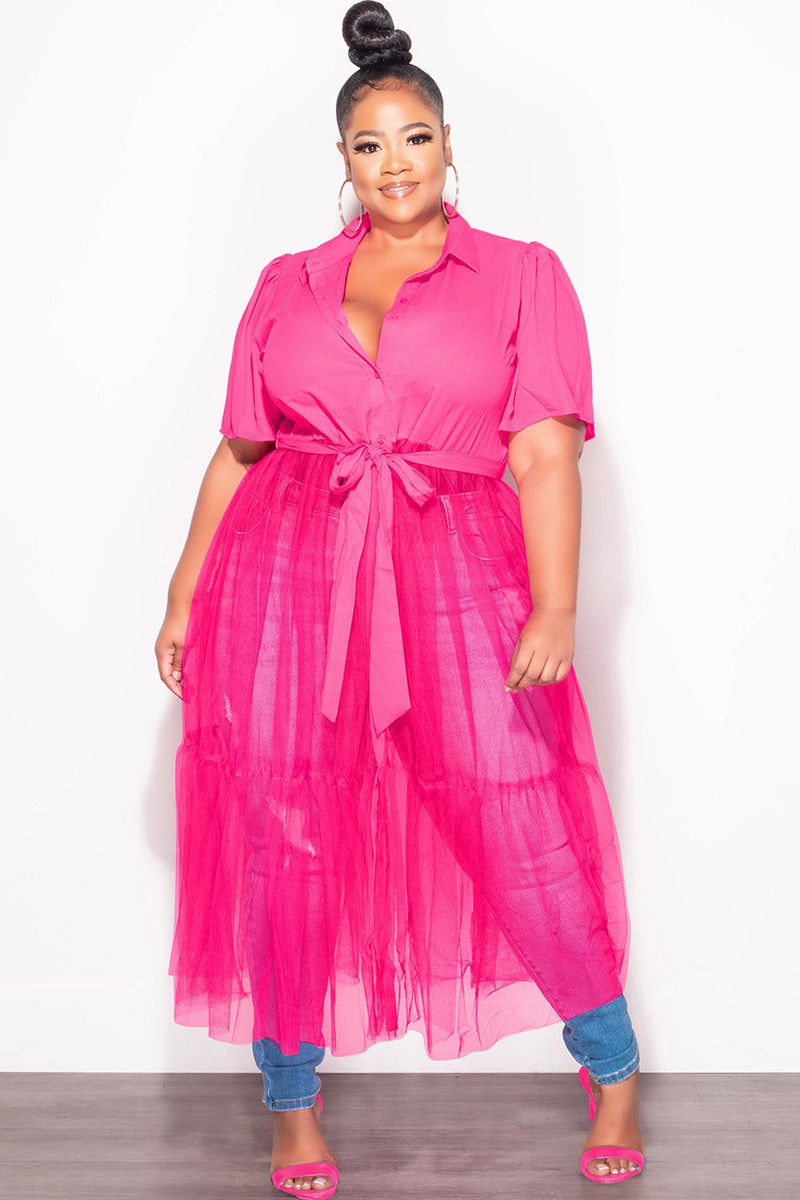 Final Sale Plus Size Top with Sheer Detail in Fuchsia Non Slip Waist Grip Chill Wear