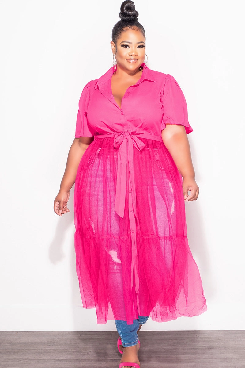 Final Sale Plus Size Top with Sheer Detail in Fuchsia WindproofLayer