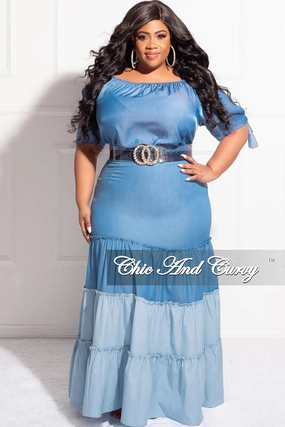 All Season Versatility Final Sale Plus Size Two Toned Tiered Maxi Skirt in Denim Color (Skirt Only)