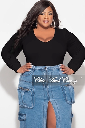 All Season Fit Final Sale Plus Size V Neck Bodysuit in Black