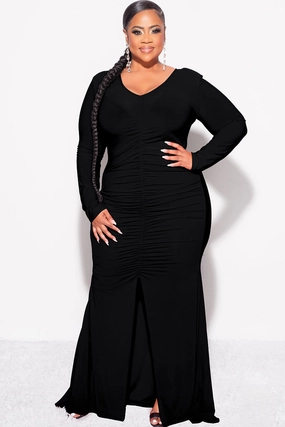 Final Sale Plus Size V-Neck Gown with Center Ruching and Slit in Black Durable Construction Clean Fit