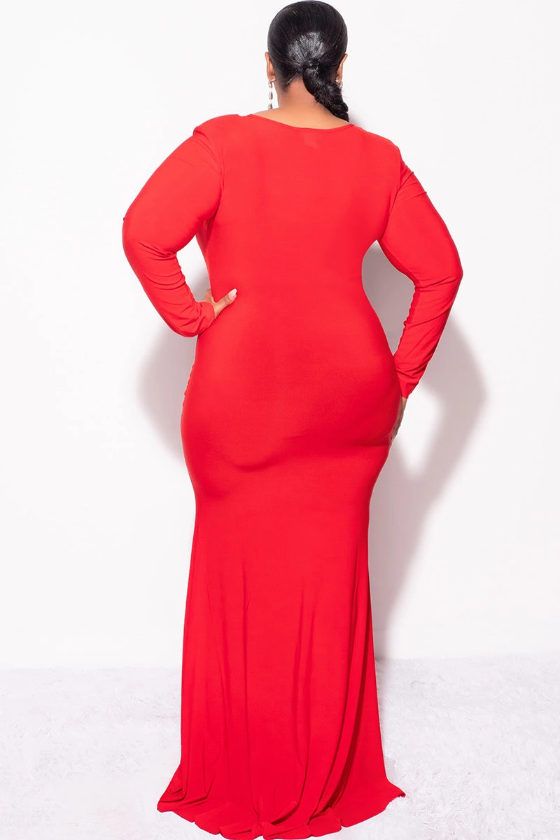 Final Sale Plus Size V-Neck Gown with Center Ruching and Slit in Red Core Flex