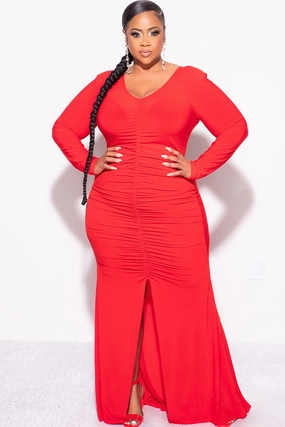 Final Sale Plus Size V-Neck Gown with Center Ruching and Slit in Red Tear Resistant