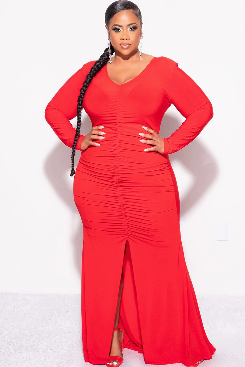 Final Sale Plus Size V-Neck Gown with Center Ruching and Slit in Red Tear Resistant