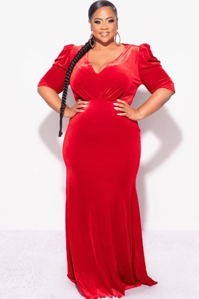 Final Sale Plus Size V-Neck Gown with Puffed Sleeves in Red Velvet Functional Design