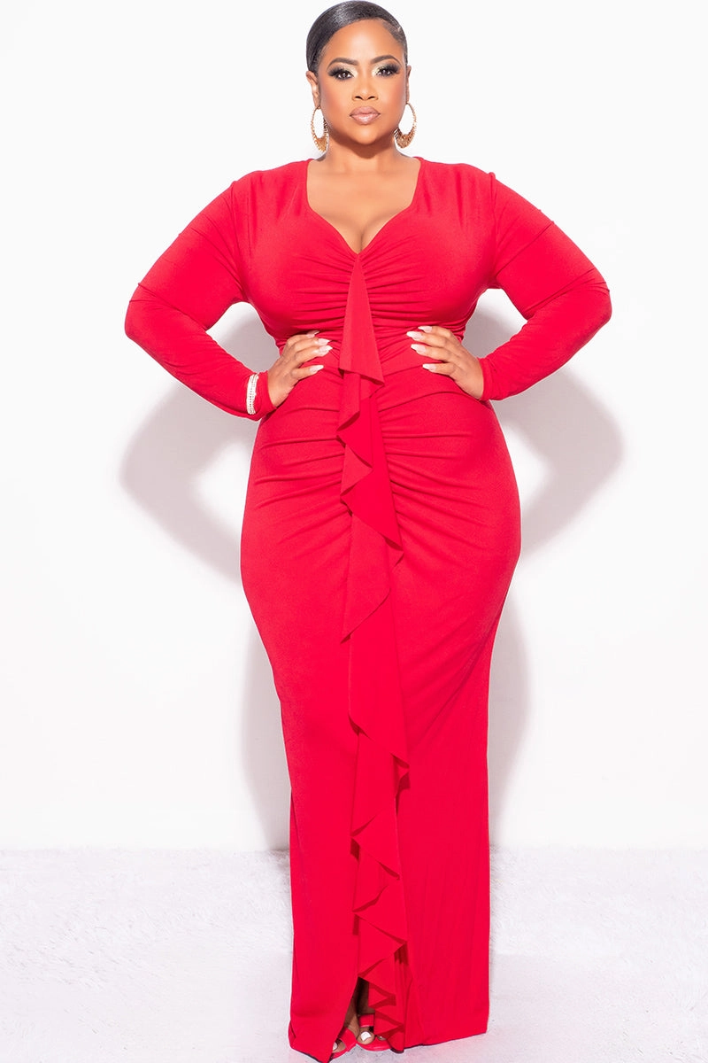 WrinkleResistantMaterial Final Sale Plus Size V-Neck Gown with Ruched Center & Ruffle in Red