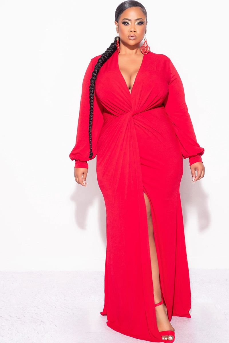 Final Sale Plus Size V-Neck Gown with Twist Front Waist in Red Travel Friendly Durable Twill
