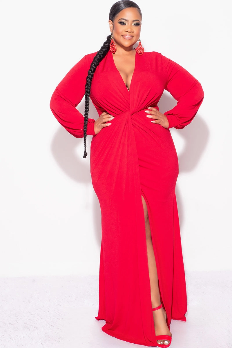 Final Sale Plus Size V-Neck Gown with Twist Front Waist in Red Mesh Lined Flexible Waist