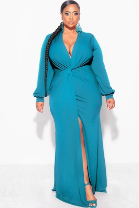 Final Sale Plus Size V-Neck Gown with Twist Front Waist in Teal Green Performance Fit