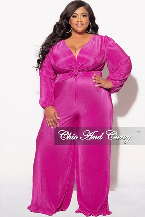 Button front Final Sale Plus Size V-Neck Pleated Jumpsuit in Magenta