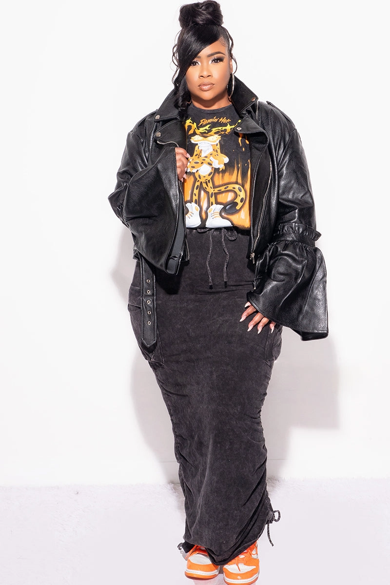 Flared bottom Final Sale Plus Size Vegan Leather Bell Sleeve Jacket in Black