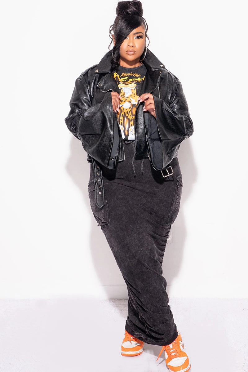 Slim Wear Design Final Sale Plus Size Vegan Leather Bell Sleeve Jacket in Black