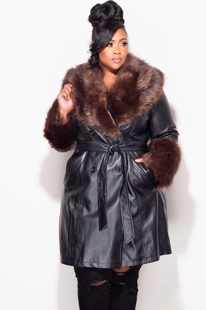 Final Sale Plus Size Vegan Leather Coat with Brown Fur Collar & Wrist SeamlessPocketDesign RecyclablePackaging