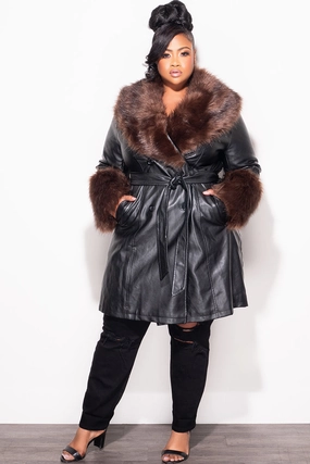 Day Comfort Final Sale Plus Size Vegan Leather Coat with Brown Fur Collar & Wrist