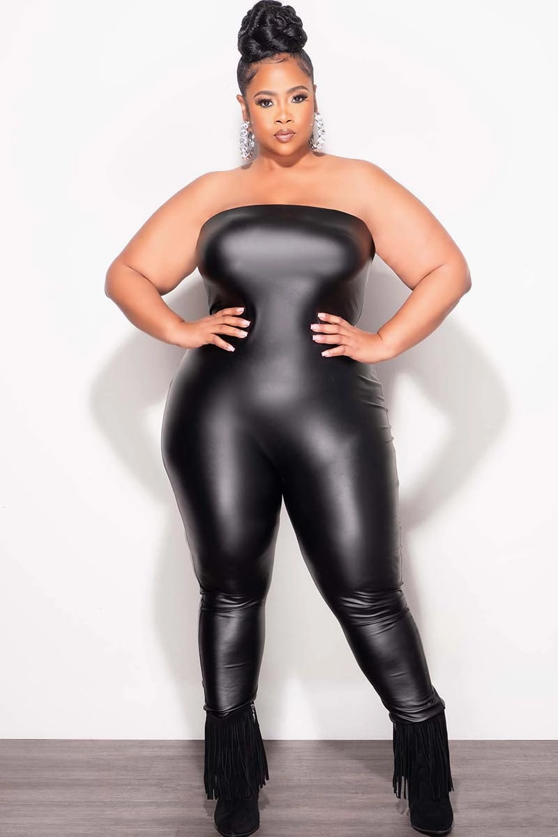 Final Sale Plus Size Vegan Leather Jumpsuit in Black Wool blend
