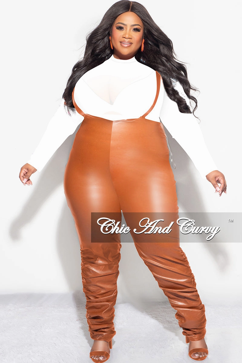Ready For Action Final Sale Plus Size Vegan Leather Overalls (Only) Jumpsuit with Ruched Legs in Camel