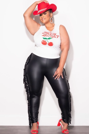 Final Sale Plus Size Vegan Leather Pants with Fringe Sides in Black Adjustable drawstring Casual Performance Fit