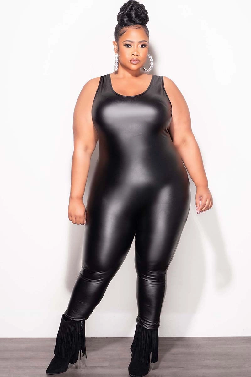 hypoallergenic material Functional Waist Final Sale Plus Size Vegan Leather Tank Jumpsuit in Black